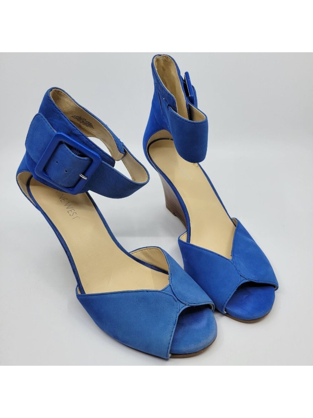 Nine West Crudenza Womens Size 6.5 Pumps Blue Suede Ankle Strap Wedge Peep Toe